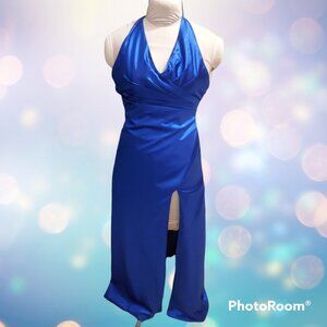 Blue Satin Halter Prom Dress - Thigh slit - Size 4 - Small - Babyonline Dress